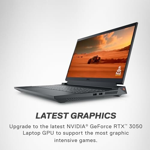Gaming laptop with NVIDIA GeForce RTX 3050 GPU, showcasing a desert car racing game.